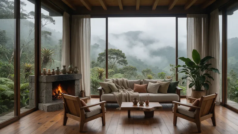 Sala con ventanal de piso a techo abierto al bosque de niebla.