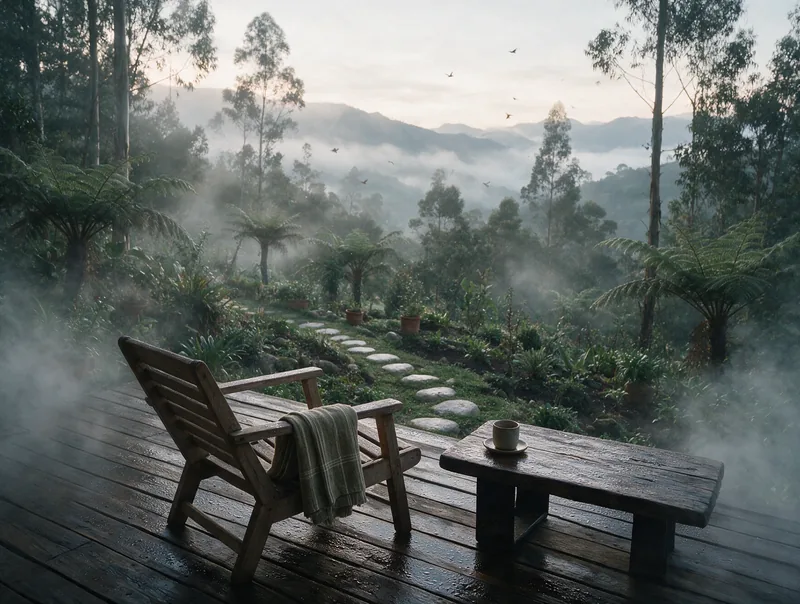 Terraza de madera al amanecer, con niebla entre los helechos arbóreos y las montañas al fondo.